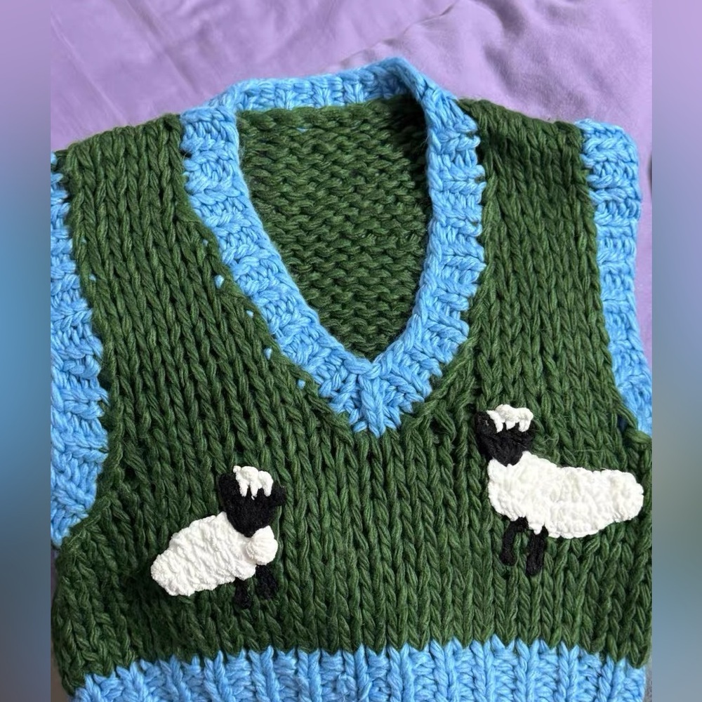 Green and Blue Knitted Kids Vest with Sheep Design